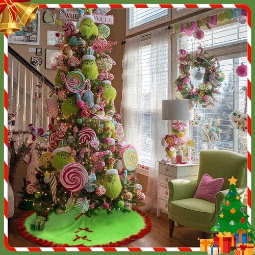 Hollowfly Red and Green Christmas Tree Skirt Furry Plush Lime Green Christmas Tree Skirts Whimsical Xmas Decorations Holiday Glittering Dot Mat Faux Round Carpet for Home Xmas Party Decor(48 Inch) - Image 5