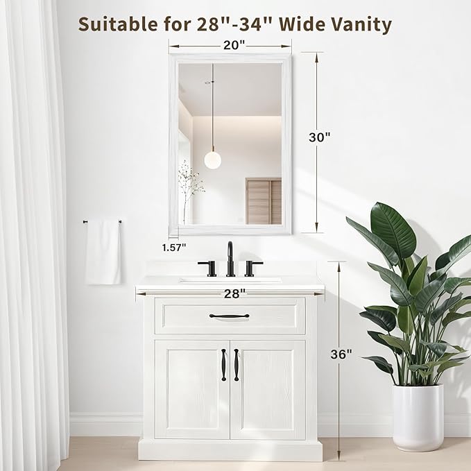 White Wood Effect Framed Wall Mirror, 20x30 Rectangle Mirror, Anti-desilvering Tempered Glass, Sustainable& Sturdy Frame, Farmhouse Mirror, Anti-Rust, 3min Fast Setup for Bathroom Living Room