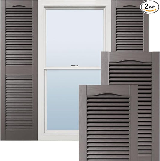12"W x 80"H Lifetime Vinyl, Standard Cathedral Top Center Mullion, Open Louver Shutters, w/Installation Shutter-Lok's & Matching Screws (Per Pair), Musket Brown