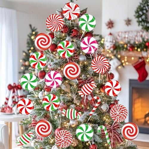 24 Pcs Large Christmas Decorations Indoor: Swirl Lollipop Christmas Tree Picks Red Green Candy Cane Design Decorations for Xmas Tree Topper Home Office Party Vase Decor - Image 3