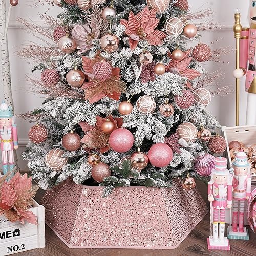 Christmas Tree Collars for Atificial Trees, 24 Inch Sparkling Sequins Christmas Skirt, Base Cover,Holiday Home Decor Ring(Rose Gold,Large) by SunshineDecor