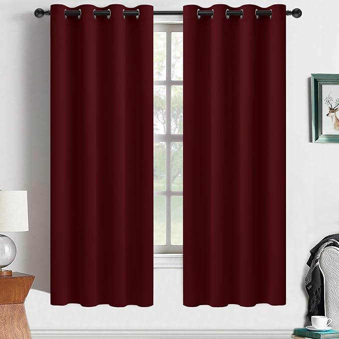 Yakamok Room Darkening Curtains 63 Inches Long Blackout Curtains Thermal Insulated Drapes with Grommets Top Window Treament Curtain for Bedroom Living Room 52 x 63 inch, Wine Red, 2 Panels Set
