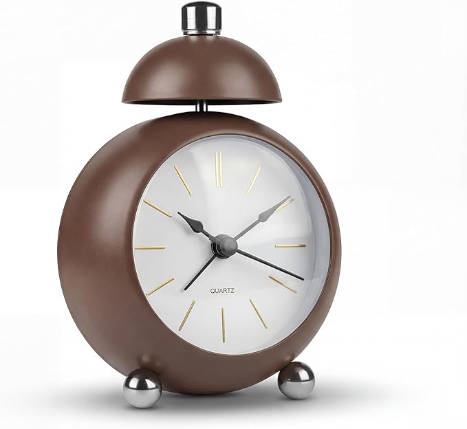 Analog Alarm Clock, Mid-Century Modern Desk Clock, Silent Non-Ticking Quartz Table Clock with Black Hands, Battery Operated Decorative Clock for Bedroom, Office, Living Room (Brown)