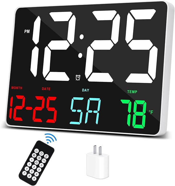 Amgico Digital Alarm Clock with Snooze, Temperature, Auto Dimming, 11.5" Large Display Calendar, Desk/Wall Clock for Bedroom, Living Room, Office, Home, Classroom, Kids, Elderly - Colorful
