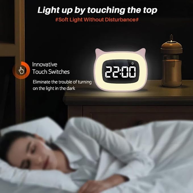 Cute Cat Ear Alarm Clock with Night Light for Bedroom,Pink - Image 2