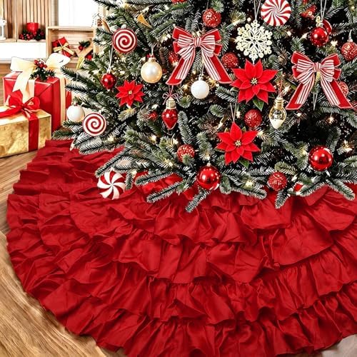 Large Red Ruffle Christmas Tree Skirt, 48'' Rustic Farmhouse Decorations by TIOSGGD