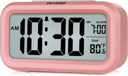 Peakeep Night Light Digital Alarm Clock Battery Operated Indoor Temperature | Small Cordless Cute Clock for Bedroom Desk Travel, Simple to Use for Teens Kids (Light Salmon Pink) by PEAKEEP