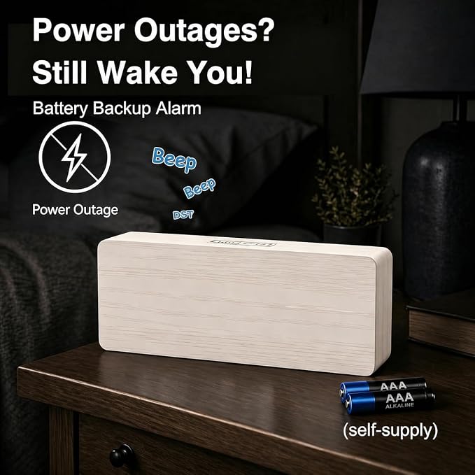Peakeep Wooden Digital Alarm Clock Large Display, Textured Decoration - Image 3