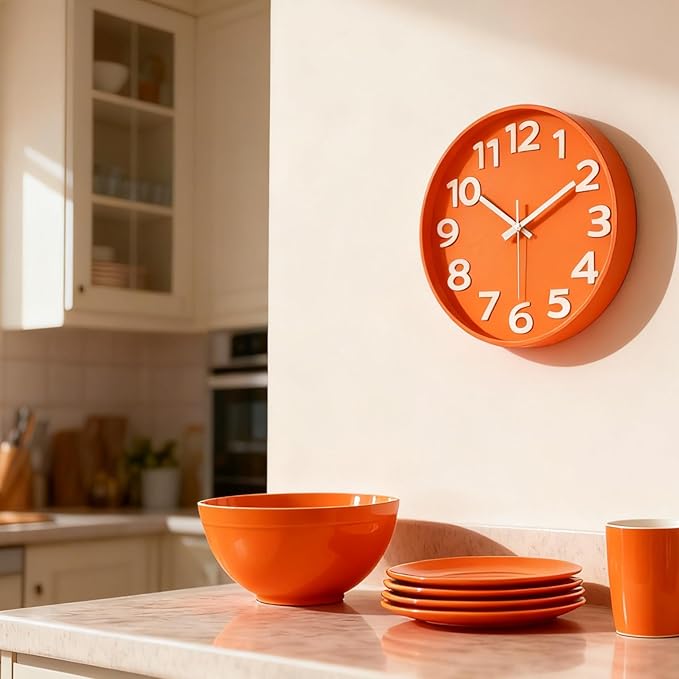 45MinST 8-Inch Orange Modern Wall Clock ?€? Silent Non-Ticking, 3D Large Numbers, Accurate Timekeeping | Decorative Wall & Desk Clock with Stand for Living Room, Bedroom, Kitchen, or Office