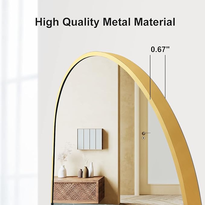 OGCAU 48'' x 16'' Full Length Mirror Wall-Mounted, Full Body Hanging Mirror for Wall and Door in Bedroom, Living Room, Arched-top with Straps, Hanging with Aluminum Alloy Frame (Gold)