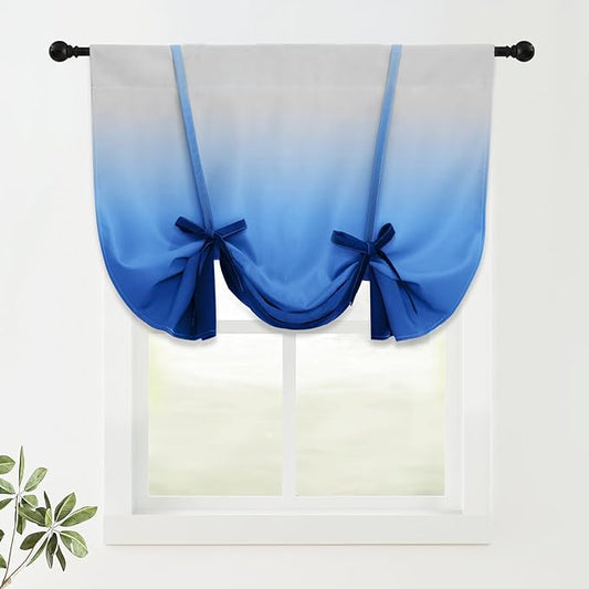 COSVIYA 100% Blackout Ombre Blue Adjustable Tie Up Curtains for Kitchen Thermal Insulated Room Darkening Valance Rod Pocket Balloon Roman Shade for Small Window,48" L x 34" W, 1 Panel