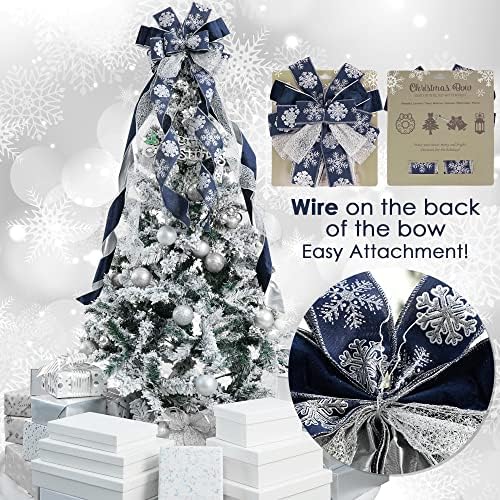 MEEDEE Navy Blue Tree Topper Navy Blue Christmas Tree Topper Bow 12 inch Wide Navy Blue Silver Glitter Yule Tree Wreath Bow Christmas Decorations Silver Snowflake Garland Bow Holiday Lantern (1 Pack) - Image 4