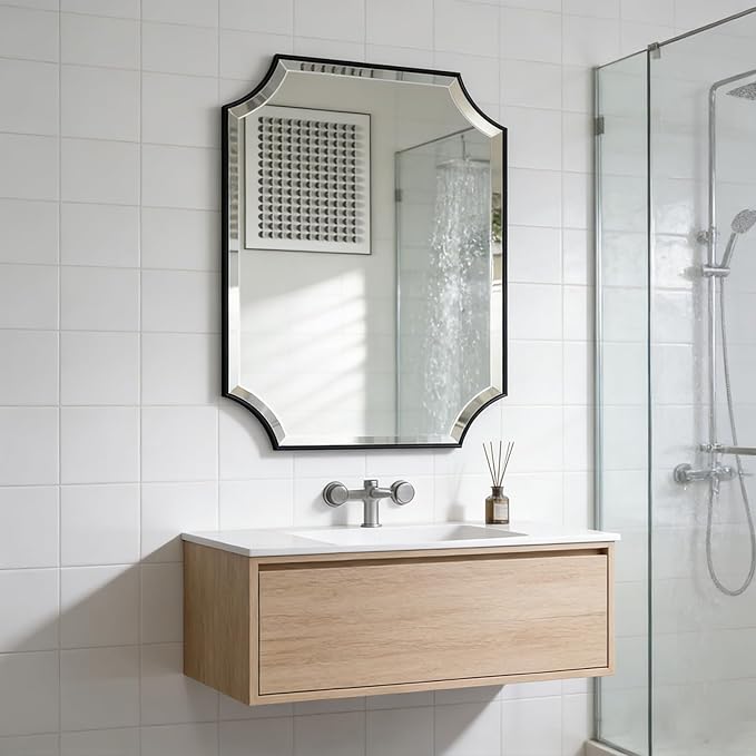 POZINO Rectangle Beveled Mirror, 22"x30" Bathroom Vanity Mirror with Stainless Steel Frame, Modern Aesthetic Scalloped Edge Wall Mirrors for Bedroom Hallway Entryway, Horizontal or Vertical Hanging