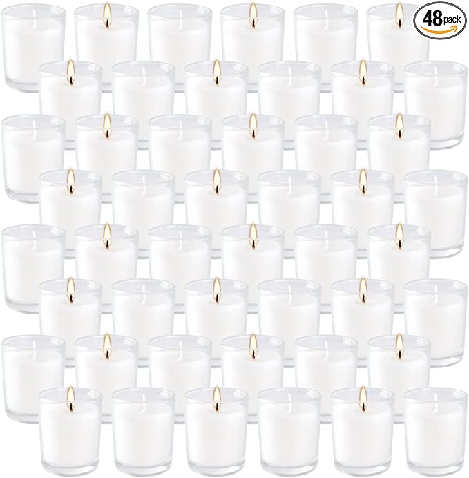 48 Pack Unscented Votive Candles,White Wax Candle Filled in Clear Glass,for Home Décor Parties Weddings Holidays and Meditation