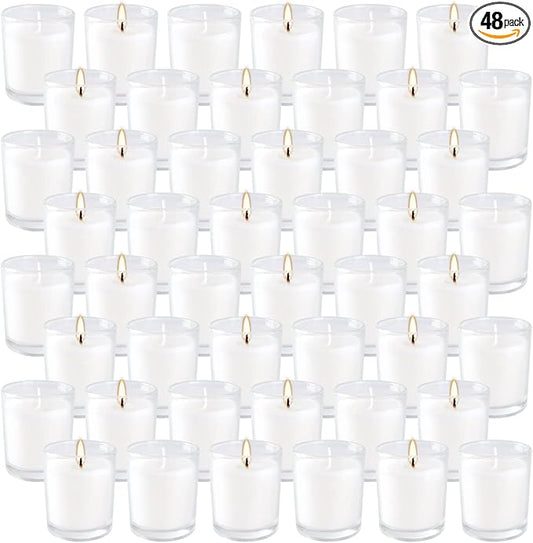 48 Pack Unscented Votive Candles,White Wax Candle Filled in Clear Glass,for Home Décor Parties Weddings Holidays and Meditation