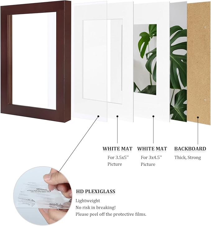 Egofine 4x6 Picture Frames with Plexiglass, Display Pictures 3x4.5 and 3.5x5 with Mat or 4x6 Without Mat Set of 4 for Tabletop and Wall Mounting, Walnut Color