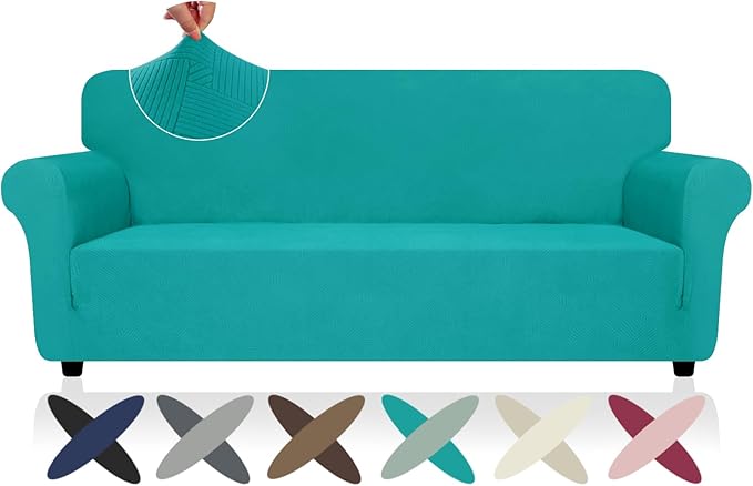ZNSAYOTX Super Stretch Sofa Cover (72"-92"), New Striped Sofa Covers Fitted Slipcovers with Elastic Bottom, Dog Cat Pets Proof Spandex Washable Fabric Comfortable & Durable (Sofa, Peacock Teal)
