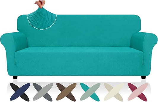 ZNSAYOTX Super Stretch Sofa Cover (72"-92"), New Striped Sofa Covers Fitted Slipcovers with Elastic Bottom, Dog Cat Pets Proof Spandex Washable Fabric Comfortable & Durable (Sofa, Peacock Teal)