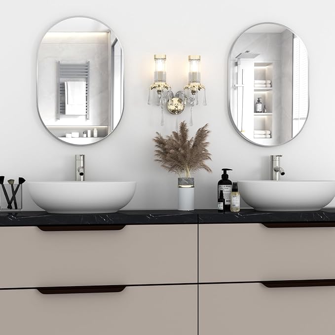 Oval Bathroom Mirror Wall Vanity Oval Mirrors, 2 Pieces 20"x30" Silver Bathroom Mirrors for Over Sink Pill Mirrors Capsule Wall Mounted Mirror, Modern Mirror with Metal Frame for Wall Decor