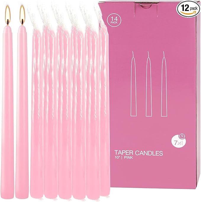 14-Pack Pink Taper Candles - 10 Inch Unscented Dripless Candlesticks, Long Burning for Weddings, Bridal Showers, Valentine's Day & Romantic Dinner Parties