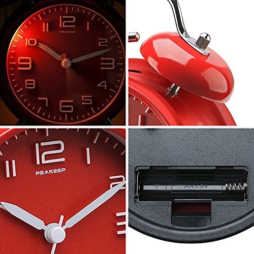 Peakeep 4 Inches Twin Bell Loud Alarm Clock for Heavy Sleepers | Backlight, Battery Operated Old Fashioned Alarm Clock for Bedrooms Kids' Room (3D-Dial, Red) - Image 5