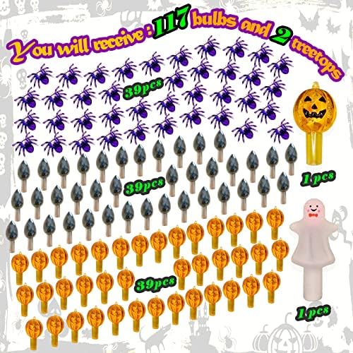 117pcs Halloween Ceramic Tree Replacement Lights Bulbs, Including Spider/Pumpkin Head/Grey Flame & 2pcs Themed Tree Tops (Including Ghost/Pumpkin King) for Decorating Holiday Trees, Etc. - Image 2
