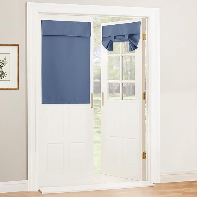 RYB HOME Blackout French Door Curtain - Privacy Thermal Insulated Window Shades for Patio Kitchen Front Entry Back Door Glass Window, Self Adhesive No Drill, 1 Panel, 26" W x 40" L, Stone Blue