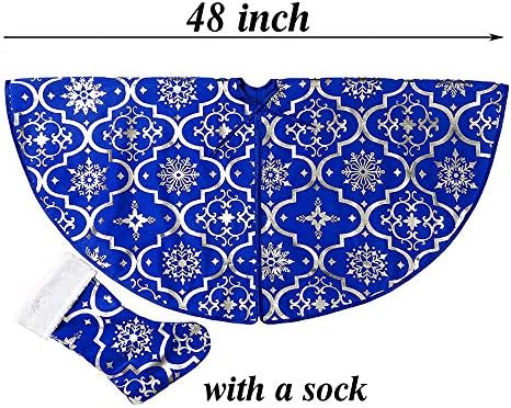 Christmas Tree Skirt, 48 inches Large Red Flannel Tree Mat with Gilded Christmas Patterns Skirt for Xmas Tree Holiday Party Decorations Indoor Outdoor with 1 Christmas Stocking (Blue) - Image 2