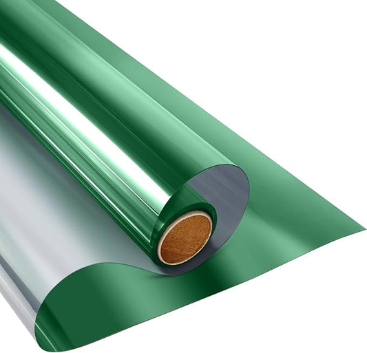 KESPEN Window Film One Way Daytime Privacy Heat Control Anti UV Non-Adhesive Reflective House Window Tint for Home and Office, Green-Silver, 35.4 Inch X 8.2 Feet