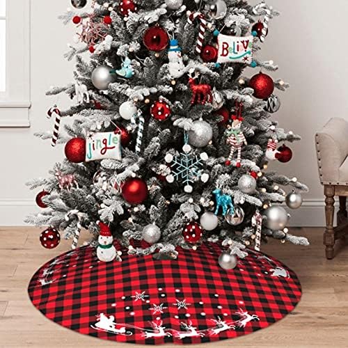 48 Inches Red Black Buffalo Plaid Christmas Tree Skirt Rustic Thick Xmas Tree Skirt with Snowflake Elk and Santa Claus Winter Happy New Year Decoration for Home Holiday Party - Image 5