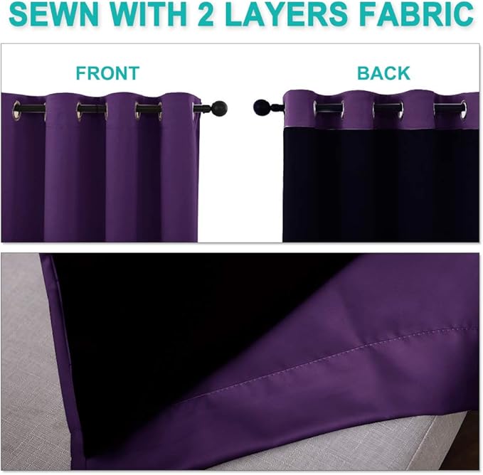 NICETOWN 100% Blackout Curtains with Black Liners, Royal Purple, 2 Panels, 62-inch W by 63-inch L, Thermal Insulated Full Blackout 2-Layer Lined Drapes, Energy Efficiency Window Draperies for Bedroom