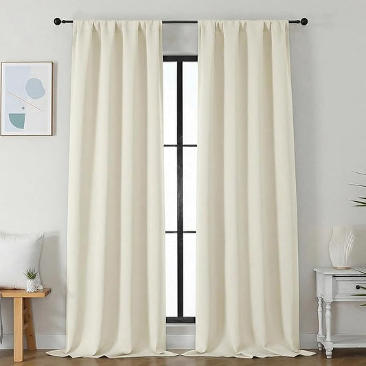 Simplebrand Ava Light Beige Light Filtering Curtains for Bedroom 96 Inches Long 2 Panels, Solid Thermal Insulated, Energy Saving Nursery Window Treatment Drapes, W40 x L96 Inch, Light Beige