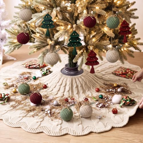 Thenshop 48 Inch Chunky Cable Knit Christmas Tree Skirt Beige - Image 5