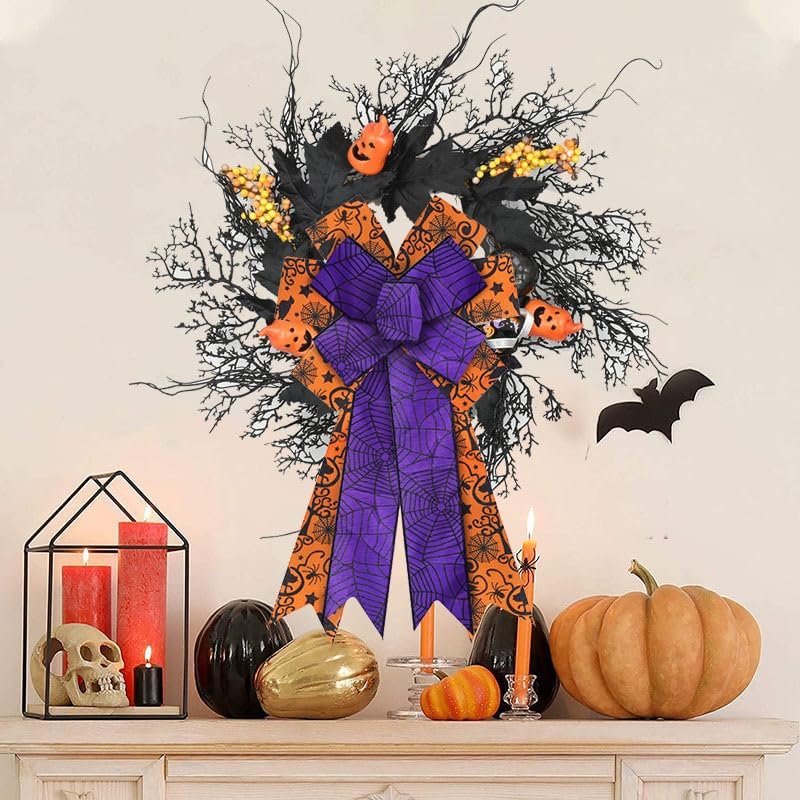 Burlap Purple Spider Wreath Bow for Halloween Decor - Spider Web Orange Bows for Front Door, Indoor/Outdoor Wall & Tree Topper Decoration Supplies - Image 3