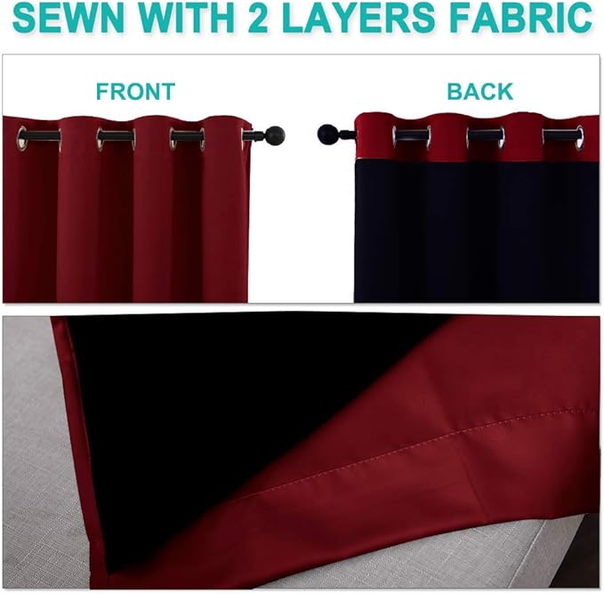 NICETOWN 100% Blackout Curtains 54 inches Long, Burgundy Red, 1 Pair, 42 inches Width Each Panel, Double-Deck Completely Blackout Window Treatment Thermal Insulated Lined Drapes for Small Window