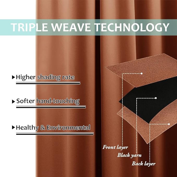 NICETOWN Burnt Orange Blackout Curtains 90 inches Long, Full Light Blocking Drapes with Black Liner for Nursery, Thermal Insulated Draperies for Hall, Villa (2 Pieces, 46" Wide Each Panel)
