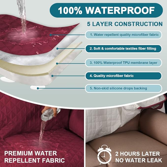 Turquoize 100% Waterproof Sofa Covers Couch Cover Sofa Cover for Dogs Couch Protector Triple Non-Slip Sofa Slipcover for 3 Cushion Couch Furniture Protector for Pets, Kids,Dog (XL Sofa 78", Burgundy)