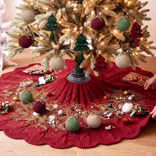 Thenshop 48 Inch Chunky Cable Knit Christmas Tree Skirt Burgundy - Image 4