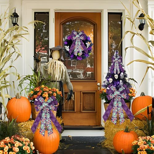 Large Halloween Tree Topper Bow, Purple Spider Web Wreath Bow - Image 3