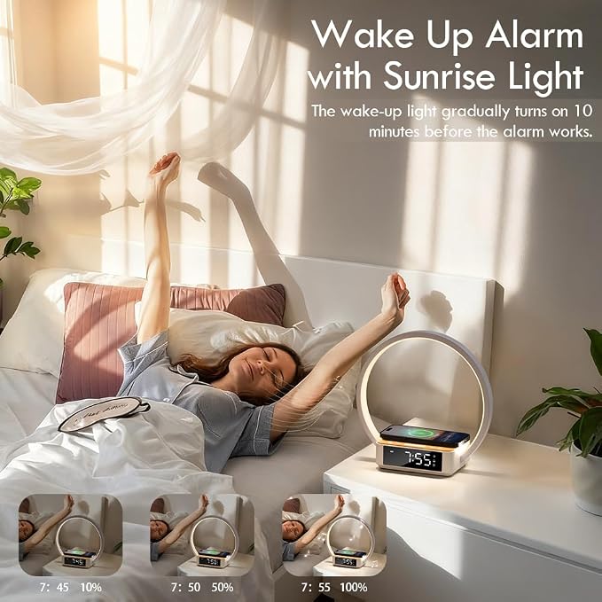 WILIT Bedside Lamp with Alarm Clock, Sunrise Wake-up Light, Wood Grain - Image 2