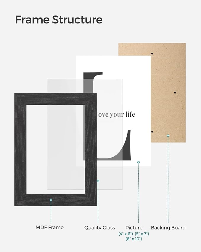 SONGMICS Picture Frames, 10 Pack Collage Picture Frames with Two 8x10, Four 5x7, Four 4x6, Photo Frame Set for Wall Gallery Decor, Hanging or Tabletop Display, Clear Glass Front, Black