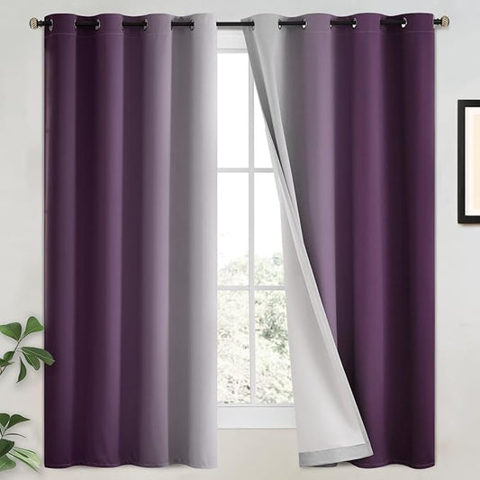 Yakamok 100% Blackout Curtains 63 Inch Length 2 Layers,Purple Curtains for Bedroom Ombre Room Darkening Grommet Gradient Drapes, Light Blocking Thermal Insulated Window Curtains for Living Room