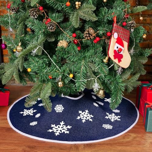 48 Inch Burlap Christmas Tree Skirt with White Snowflakes, Dark Blue - Image 4