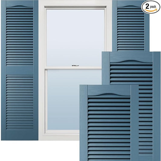 12"W x 80"H Lifetime Vinyl, Standard Cathedral Top Center Mullion, Open Louver Shutters, w/Installation Shutter-Lok's & Matching Screws (Per Pair), Classic Blue