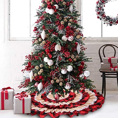 48 Inches Christmas Tree Skirts, Burlap Red and Black Buffalo Check Xmas Tree Base Cover for Xmas New Year Home Party Decorations (Red Plaid, 48 inches) by DegGod