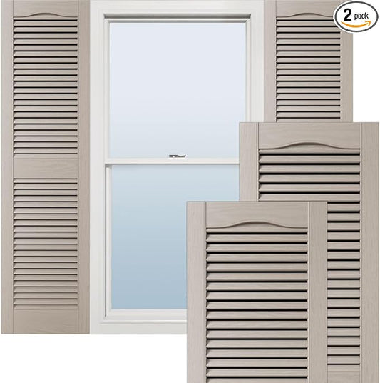 12"W x 80"H Lifetime Vinyl, Standard Cathedral Top Center Mullion, Open Louver Shutters, w/Installation Shutter-Lok's & Matching Screws (Per Pair), Clay