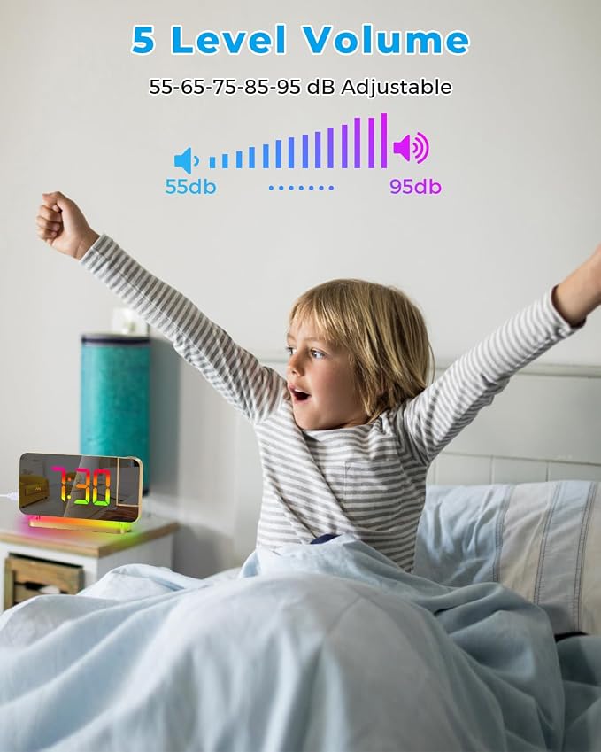 SZELAM Projection Alarm Clock, 7.4 in Digital Mirror Clocks,with 180° Rotatable Projector, RGB Night Light,USB C Charger Port, Auto Dimmer, LED Desk Clock for Bedroom - Image 8