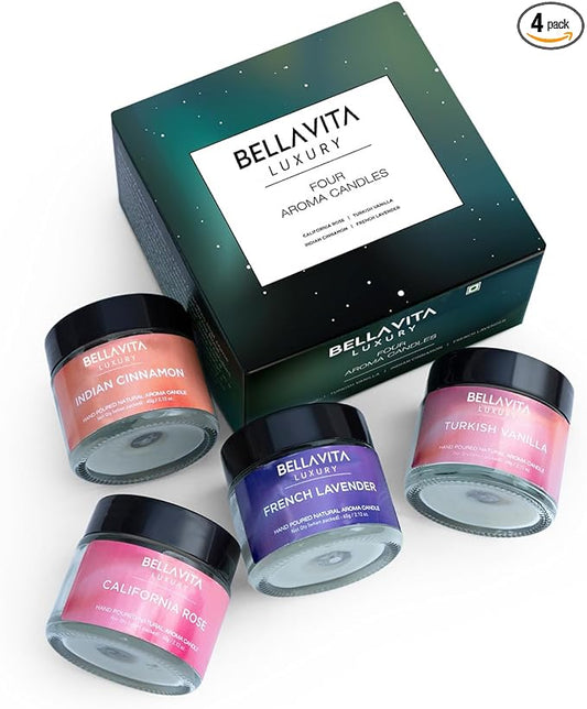 Bella Vita Organic Fall Decor Candles Set of 4 | Best Gift for Valentine's Day | Turkish Vanilla, French Lavender, Indian Cinnamon & California Rose | Long Lasting, Home Decor | Gift for Her