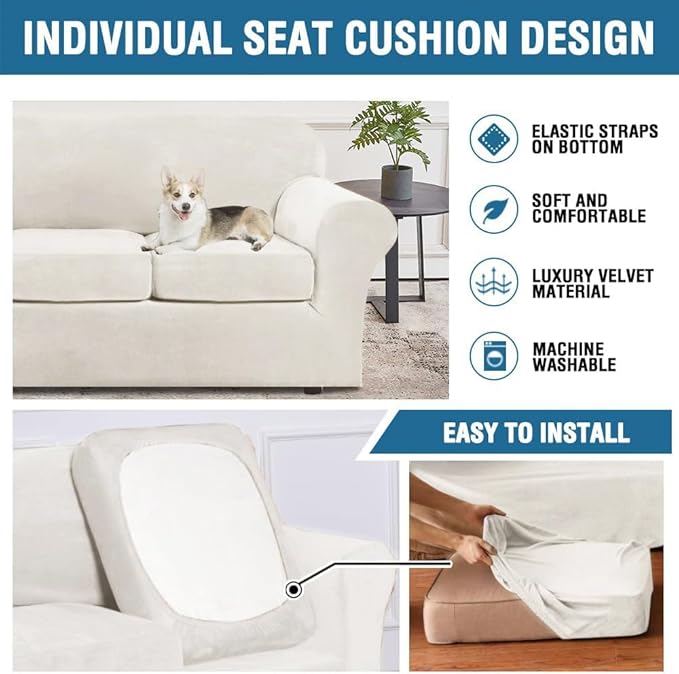 H.VERSAILTEX Real Velvet Plush 3 Piece Stretch Sofa Covers Couch Covers for 2 Cushion Couch Sofa Slipcovers Width Up to 90 Inch Feature Thick Soft Stay in Place (Sofa, Porcelain White)