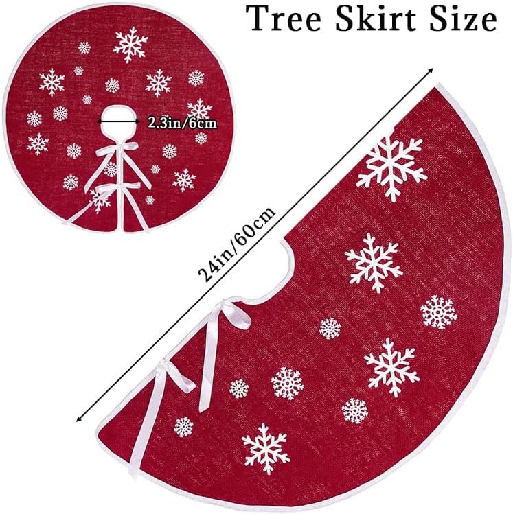 24 Inch Red Burlap Christmas Tree Skirt with White Snowflakes - Image 5
